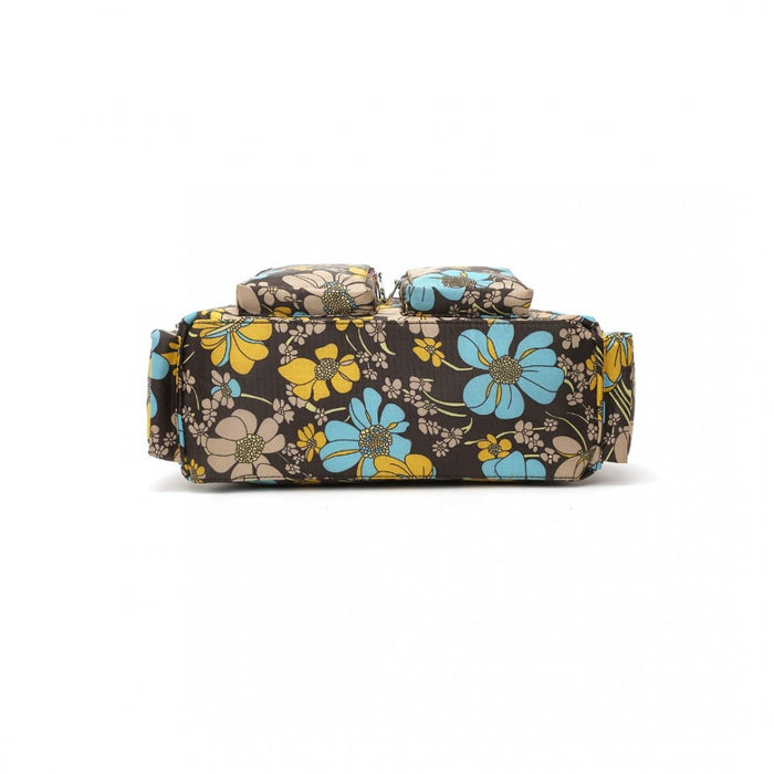 EB2351F - Kono Sleek Multi-Pocket Water-Resistant Crossbody Tote Bag With Flower Print - Brown