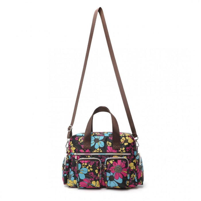 EB2351F - Kono Sleek Multi-Pocket Water-Resistant Crossbody Tote Bag With Flower Print - Black
