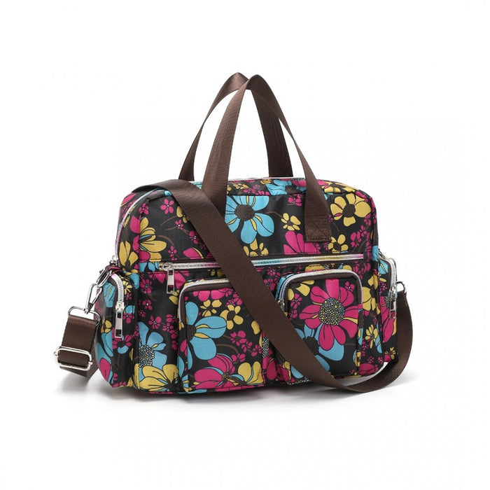 EB2351F - Kono Sleek Multi-Pocket Water-Resistant Crossbody Tote Bag With Flower Print - Black