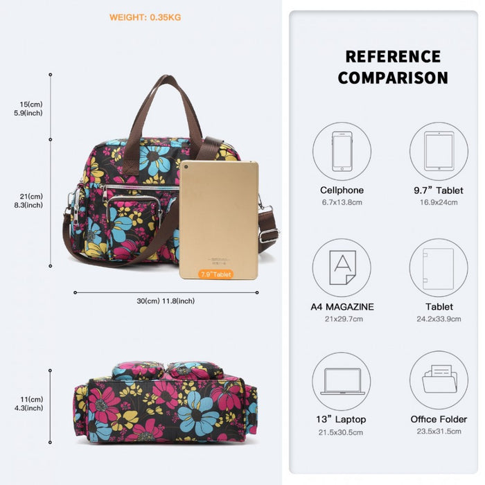 EB2351F - Kono Sleek Multi-Pocket Water-Resistant Crossbody Tote Bag With Flower Print - Black