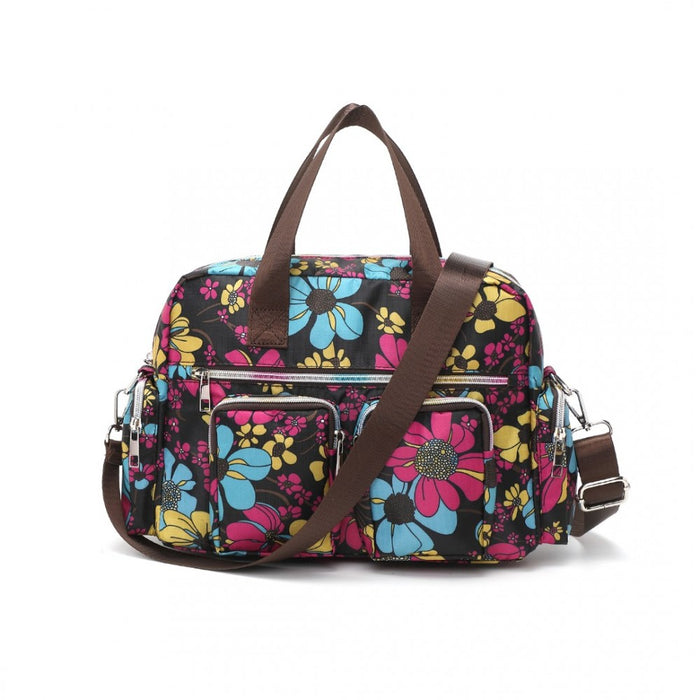 EB2351F - Kono Sleek Multi-Pocket Water-Resistant Crossbody Tote Bag With Flower Print - Black