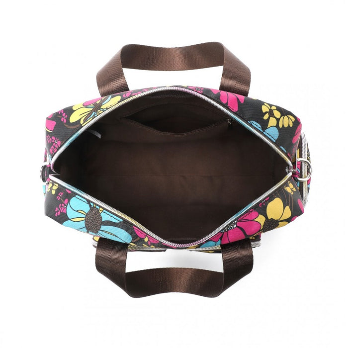 EB2351F - Kono Sleek Multi-Pocket Water-Resistant Crossbody Tote Bag With Flower Print - Black