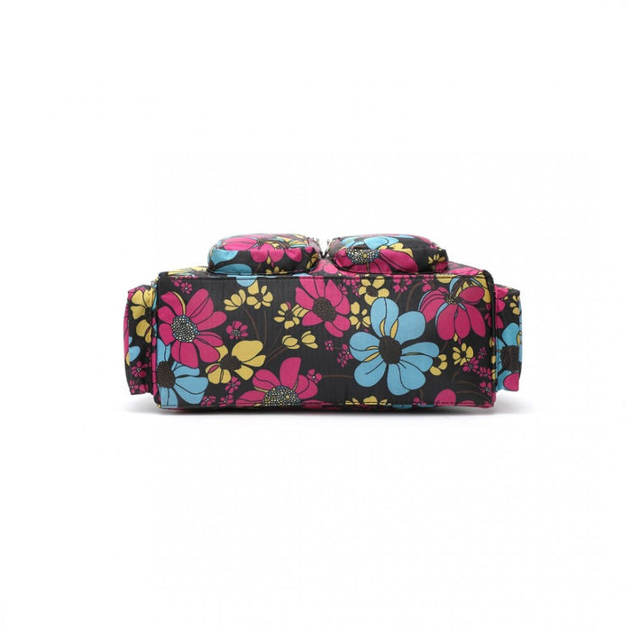 EB2351F - Kono Sleek Multi-Pocket Water-Resistant Crossbody Tote Bag With Flower Print - Black