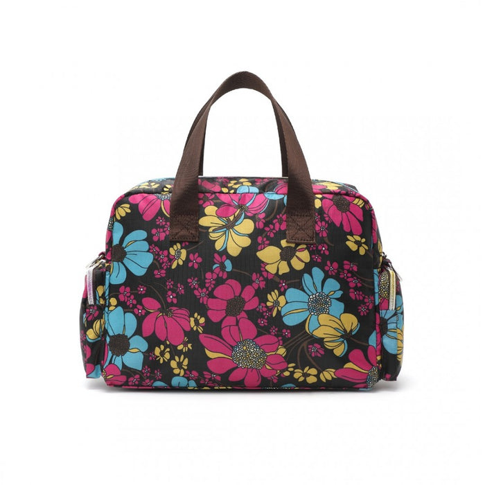 EB2351F - Kono Sleek Multi-Pocket Water-Resistant Crossbody Tote Bag With Flower Print - Black