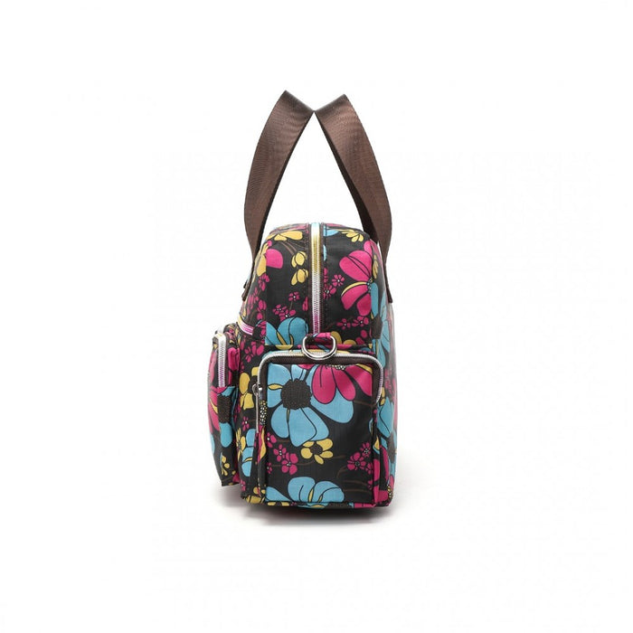 EB2351F - Kono Sleek Multi-Pocket Water-Resistant Crossbody Tote Bag With Flower Print - Black