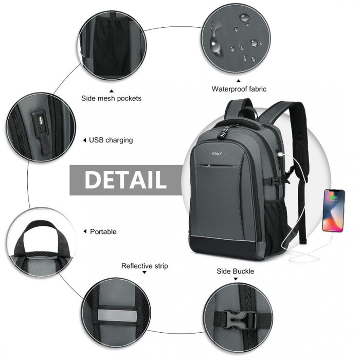 EM2130 - Kono Functional Travel Backpack With USB Charging Port - Grey