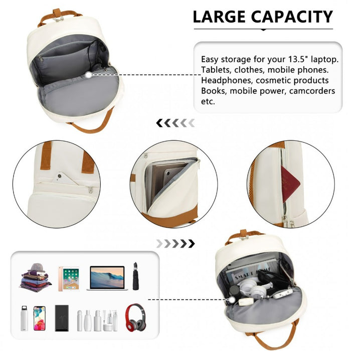 EQ2401 - Kono Multi-Compartment Laptop Backpack with Type-C USB Charging Port and Small Pouch for Daily Commute and Travel - Cream And Brown