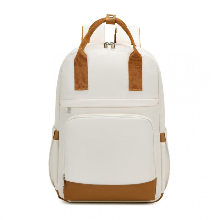 EQ2401 - Kono Multi-Compartment Laptop Backpack with Type-C USB Charging Port and Small Pouch for Daily Commute and Travel - Cream And Brown