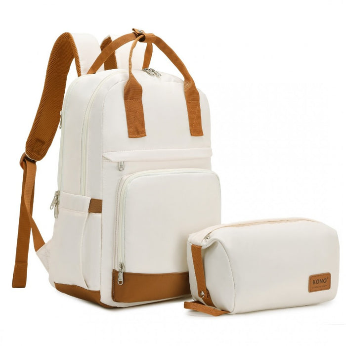 EQ2401 - Kono Multi-Compartment Laptop Backpack with Type-C USB Charging Port and Small Pouch for Daily Commute and Travel - Cream And Brown