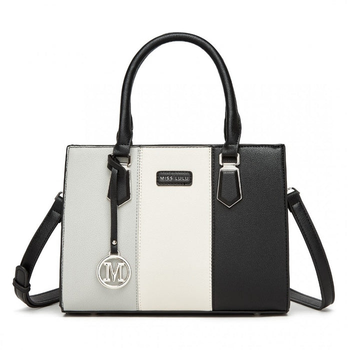 HBM2463 - MISS LULU PU Leather Three-Tone Stitched Shoulder Handbag - Stylish Daily Bag with Adjustable Strap - Grey