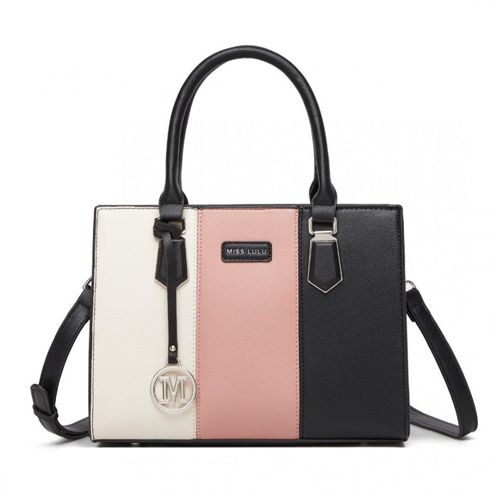 HBM2463 - MISS LULU PU Leather Three-Tone Stitched Shoulder Handbag - Stylish Daily Bag with Adjustable Strap - Pink