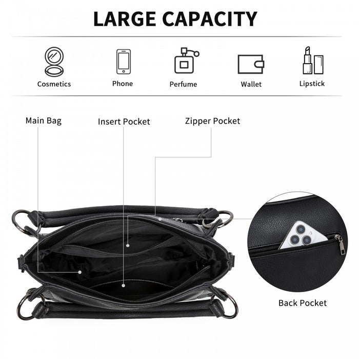 HBM2509 - Miss Lulu Textured PU Leather Crossbody Handbag with Woven Accents for Women - Black