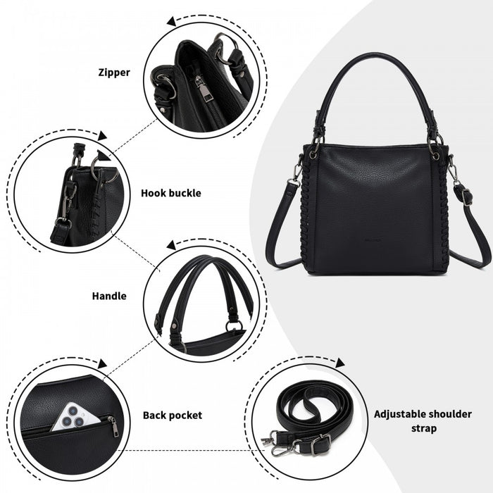 HBM2509 - Miss Lulu Textured PU Leather Crossbody Handbag with Woven Accents for Women - Black