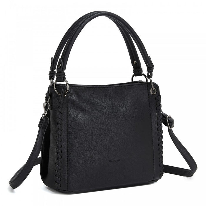 HBM2509 - Miss Lulu Textured PU Leather Crossbody Handbag with Woven Accents for Women - Black