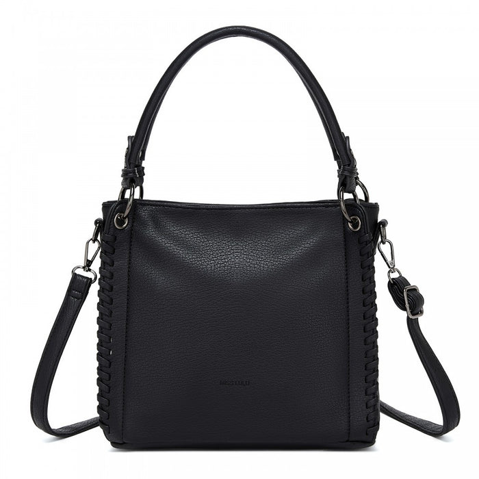 HBM2509 - Miss Lulu Textured PU Leather Crossbody Handbag with Woven Accents for Women - Black