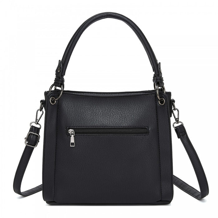 HBM2509 - Miss Lulu Textured PU Leather Crossbody Handbag with Woven Accents for Women - Black