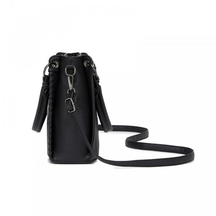 HBM2509 - Miss Lulu Textured PU Leather Crossbody Handbag with Woven Accents for Women - Black