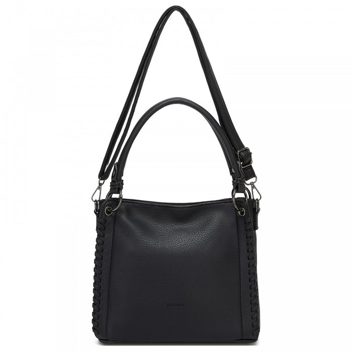 HBM2509 - Miss Lulu Textured PU Leather Crossbody Handbag with Woven Accents for Women - Black