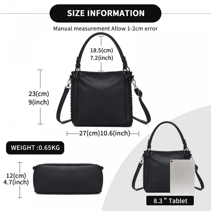 HBM2509 - Miss Lulu Textured PU Leather Crossbody Handbag with Woven Accents for Women - Black