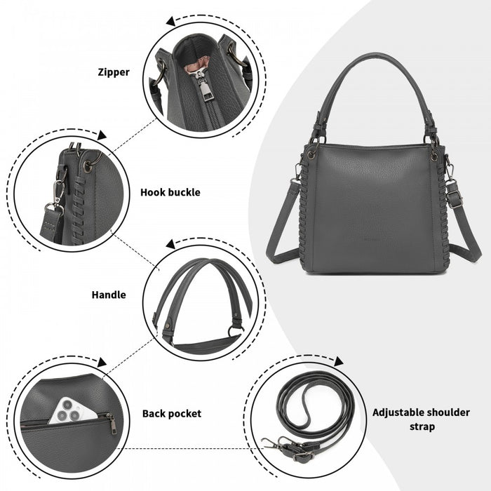 HBM2509 - Miss Lulu Textured PU Leather Crossbody Handbag with Woven Accents for Women - Grey