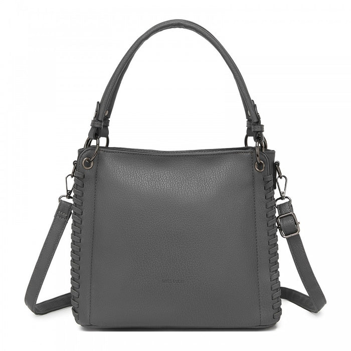 HBM2509 - Miss Lulu Textured PU Leather Crossbody Handbag with Woven Accents for Women - Grey