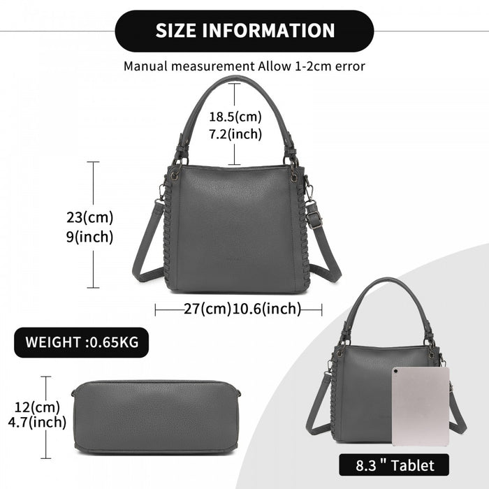 HBM2509 - Miss Lulu Textured PU Leather Crossbody Handbag with Woven Accents for Women - Grey