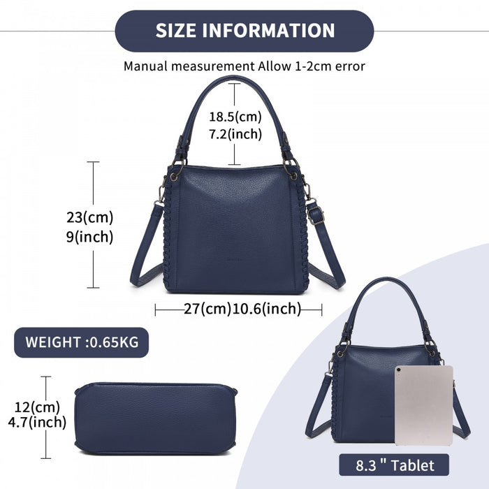 HBM2509 - Miss Lulu Textured PU Leather Crossbody Handbag with Woven Accents for Women - Navy