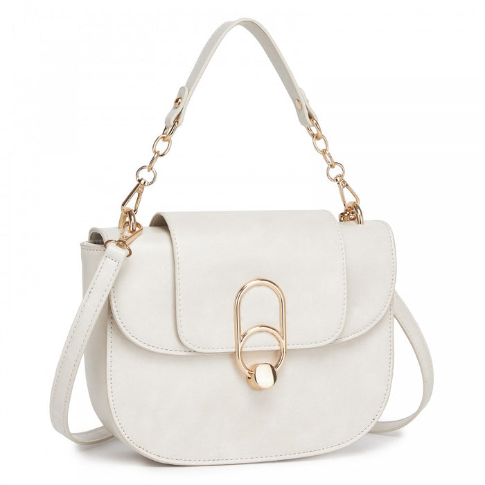 HBM2514 - Miss Lulu Stylish PU Saddle Bag with Chain-Accent Top Handle & Adjustable Strap - Beige
