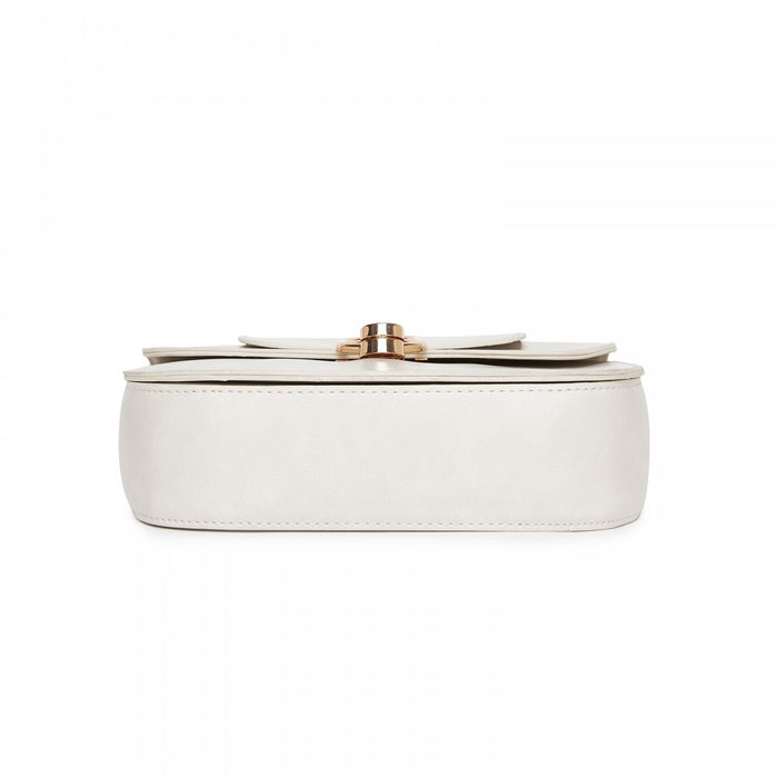 HBM2514 - Miss Lulu Stylish PU Saddle Bag with Chain-Accent Top Handle & Adjustable Strap - Beige