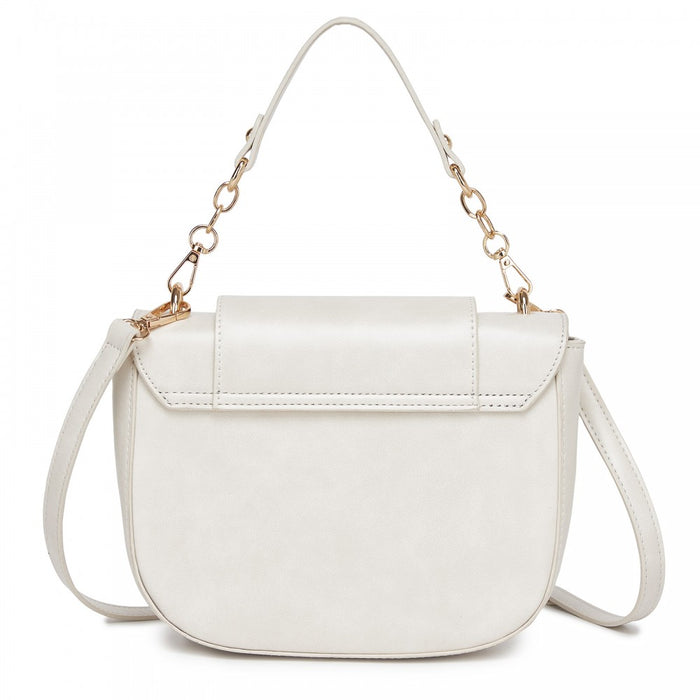 HBM2514 - Miss Lulu Stylish PU Saddle Bag with Chain-Accent Top Handle & Adjustable Strap - Beige