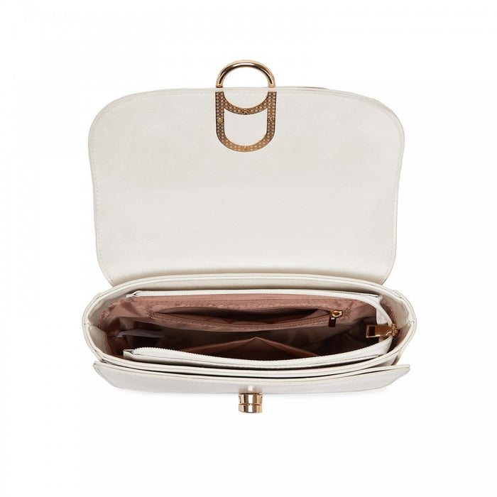 HBM2514 - Miss Lulu Stylish PU Saddle Bag with Chain-Accent Top Handle & Adjustable Strap - Beige