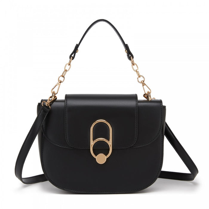 HBM2514 - Miss Lulu Stylish PU Saddle Bag with Chain-Accent Top Handle & Adjustable Strap - Black