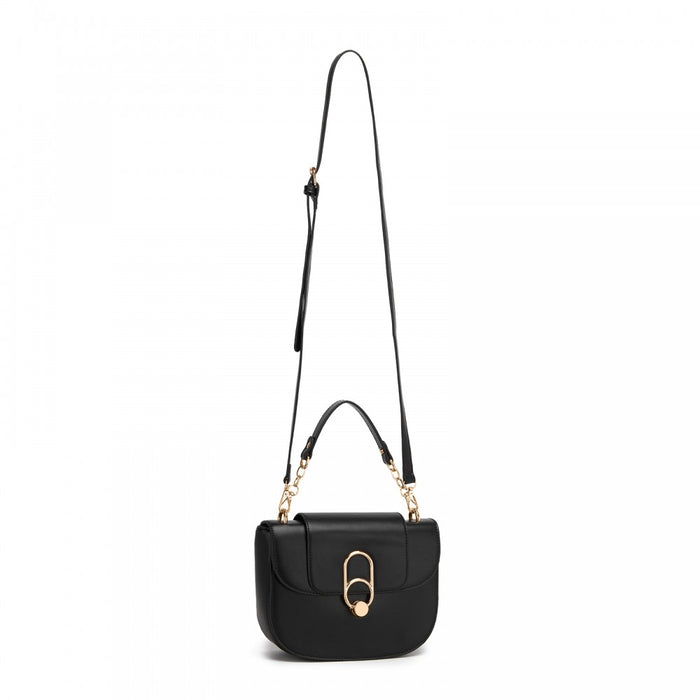 HBM2514 - Miss Lulu Stylish PU Saddle Bag with Chain-Accent Top Handle & Adjustable Strap - Black