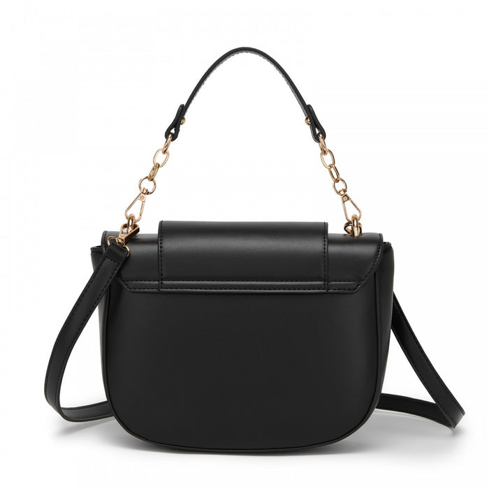 HBM2514 - Miss Lulu Stylish PU Saddle Bag with Chain-Accent Top Handle & Adjustable Strap - Black