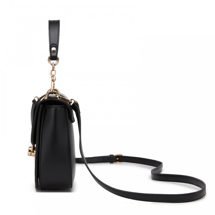 HBM2514 - Miss Lulu Stylish PU Saddle Bag with Chain-Accent Top Handle & Adjustable Strap - Black