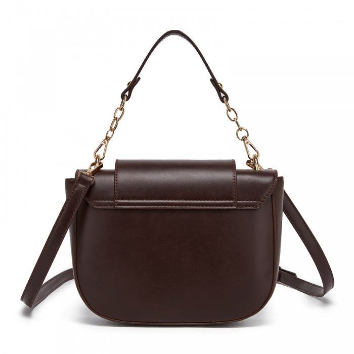 HBM2514 - Miss Lulu Stylish PU Saddle Bag with Chain-Accent Top Handle & Adjustable Strap - Coffee