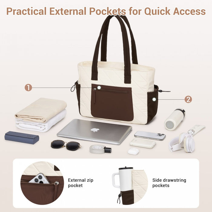 HBM2612 - Miss Lulu Minimalist Durable Shoulder Bag for Work, School & Travel with Laptop Sleeve and Multiple Pockets - Beige and Brown