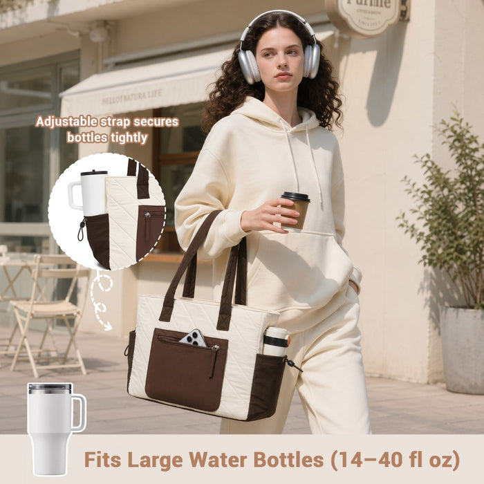 HBM2612 - Miss Lulu Minimalist Durable Shoulder Bag for Work, School & Travel with Laptop Sleeve and Multiple Pockets - Beige and Brown