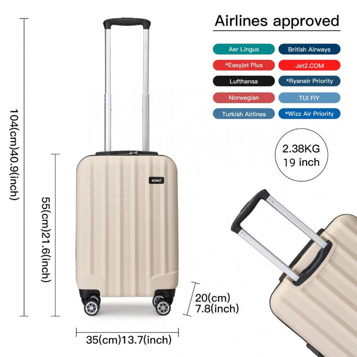 K1773-1L - Kono 19 Inch Cabin Size ABS+PC Hard Shell Luggage with Vertical Stripes - Ideal for Carry-On - Beige