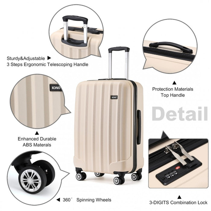 K1773-1L - Kono 24 Inch Striped ABS+PC Hard Shell Luggage with 360-Degree Spinner Wheels - Beige