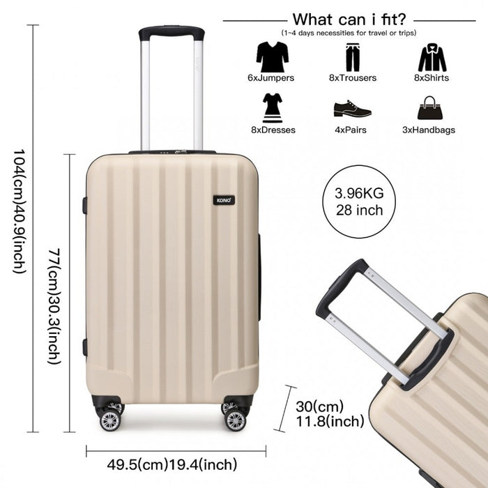 K1773-1L - Kono 28 Inch Striped ABS+PC Hard Shell Luggage with 360-Degree Spinner Wheels - Beige
