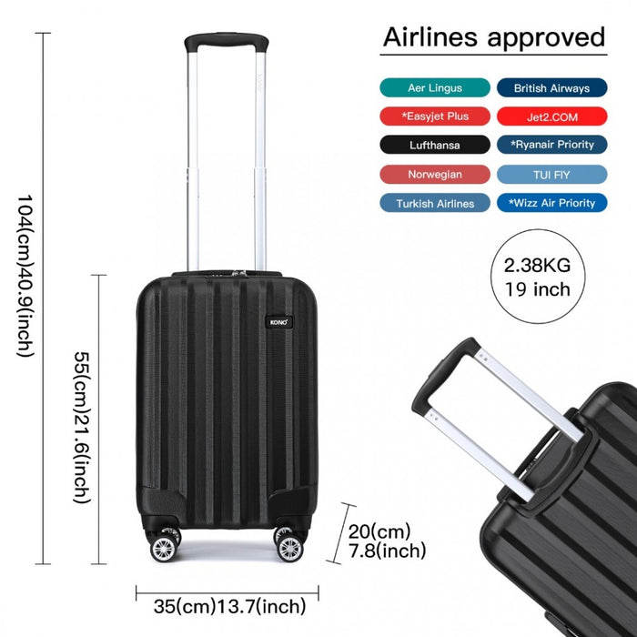 K1773-1L - Kono 19 Inch Cabin Size ABS+PC Hard Shell Luggage with Vertical Stripes - Ideal for Carry-On - Black