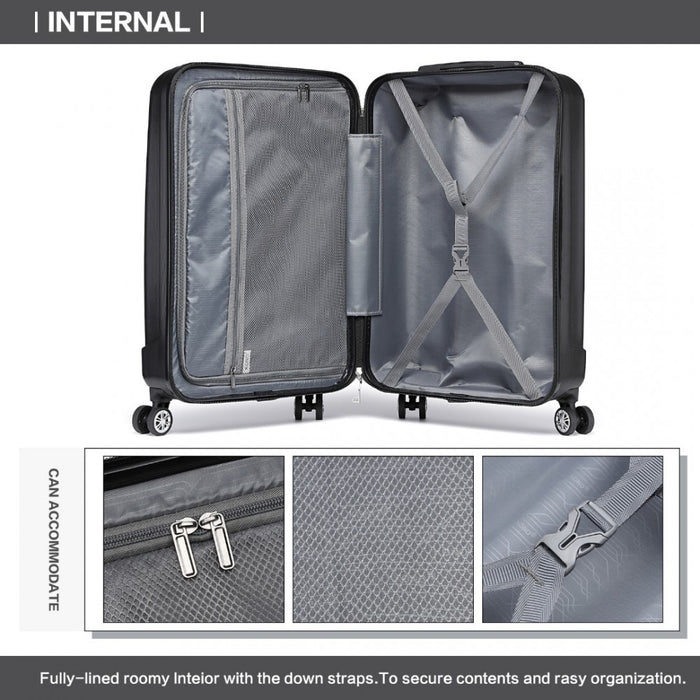 K1773-1L - Kono 19 Inch Cabin Size ABS+PC Hard Shell Luggage with Vertical Stripes - Ideal for Carry-On - Black