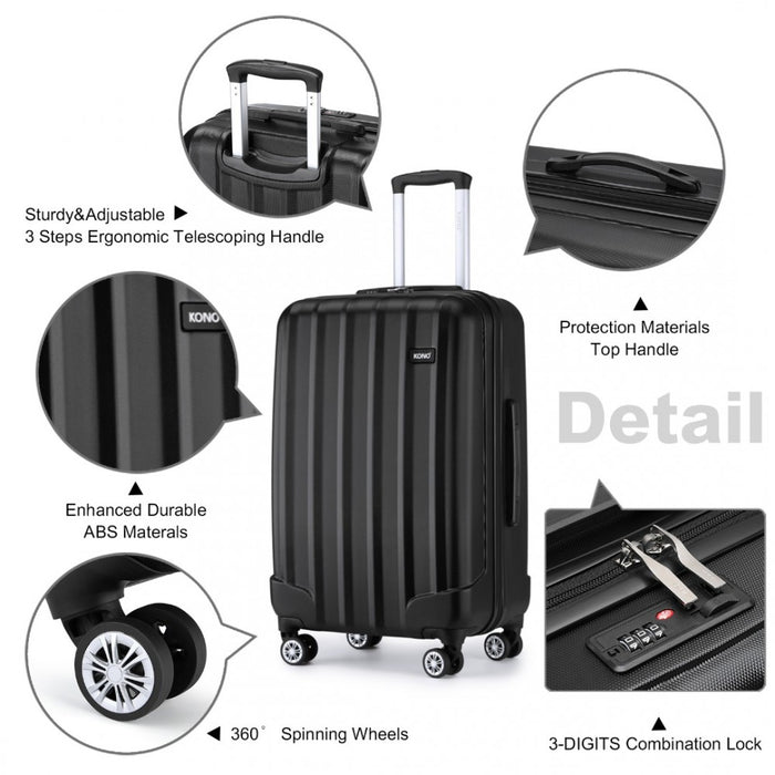 K1773-1L - Kono 24 Inch Striped ABS+PC Hard Shell Luggage with 360-Degree Spinner Wheels - Black