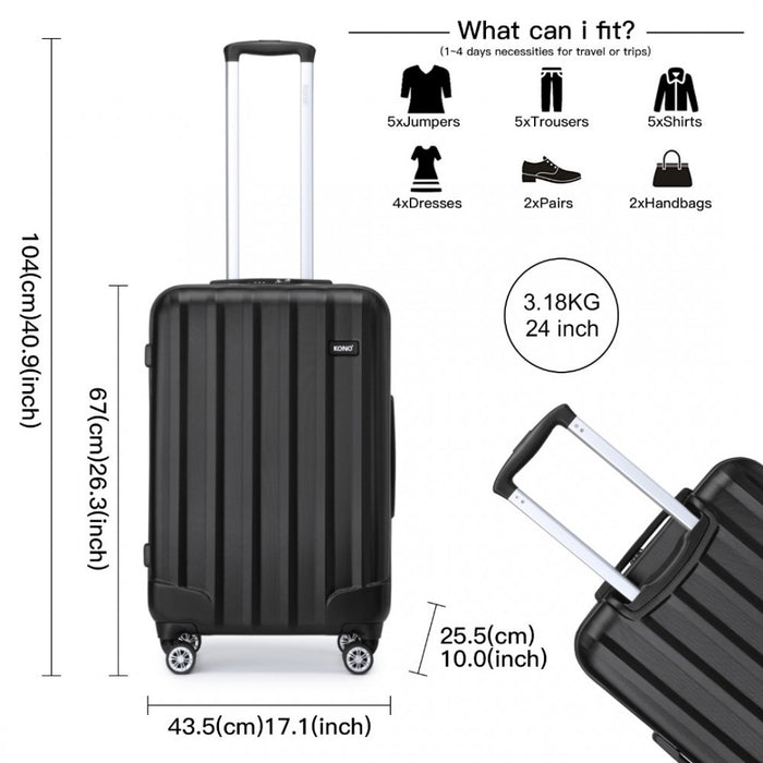 K1773-1L - Kono 24 Inch Striped ABS+PC Hard Shell Luggage with 360-Degree Spinner Wheels - Black