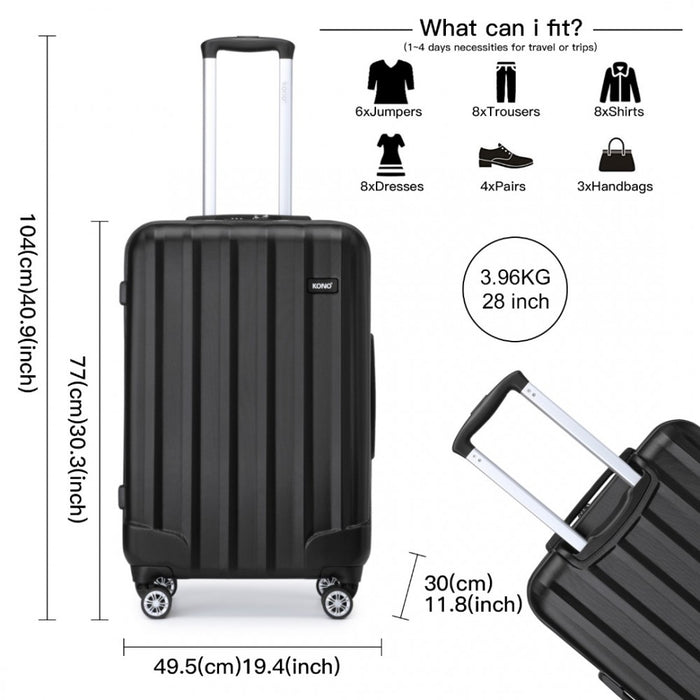K1773-1L - Kono 28 Inch Striped ABS+PC Hard Shell Luggage with 360-Degree Spinner Wheels - Black