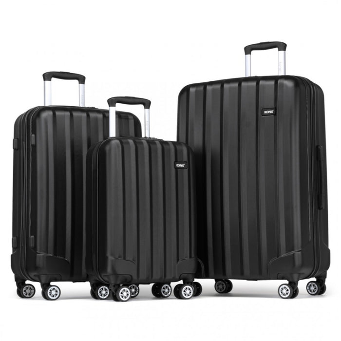 K1773-1L - Kono 19/24/28 Inch 3 Piece Set Striped ABS+PC Hard Shell Luggage with 360-Degree Spinner Wheels - Black