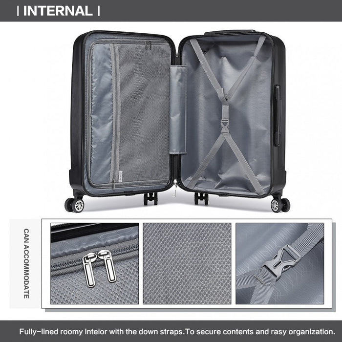 K1773-1L - Kono 19/24/28 Inch 3 Piece Set Striped ABS+PC Hard Shell Luggage with 360-Degree Spinner Wheels - Black