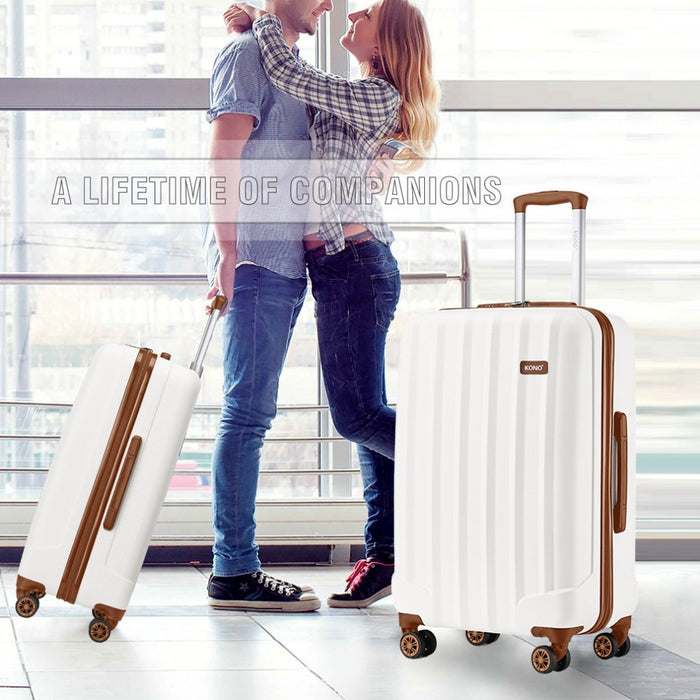 K1773-1L - Kono 19/24/28 Inch 3 Piece Set Striped ABS+PC Hard Shell Luggage with 360-Degree Spinner Wheels - Cream