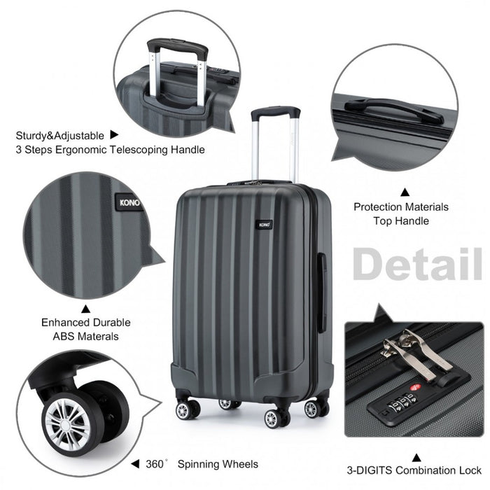 K1773-1L - Kono 19/24/28 Inch 3 Piece Set Striped ABS+PC Hard Shell Luggage with 360-Degree Spinner Wheels - Grey
